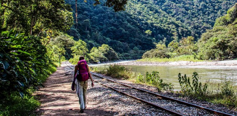 Hiking to Machu Picchu along the railroad tracks